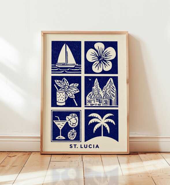 st Lucia Linocut Art Print, Modern Caribbean Poster, Minimalist Tropical Wall Art, Blue & Beige Travel Island Home Decor - image 1