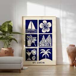 st Lucia Linocut Art Print, Modern Caribbean Poster, Minimalist Tropical Wall Art, Blue & Beige Travel Island Home Decor - thumbnail 3