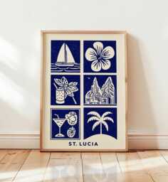 st Lucia Linocut Art Print, Modern Caribbean Poster, Minimalist Tropical Wall Art, Blue & Beige Travel Island Home Decor - thumbnail 1