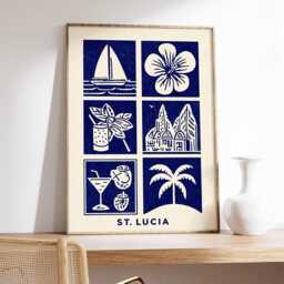 st Lucia Linocut Art Print, Modern Caribbean Poster, Minimalist Tropical Wall Art, Blue & Beige Travel Island Home Decor - thumbnail 2