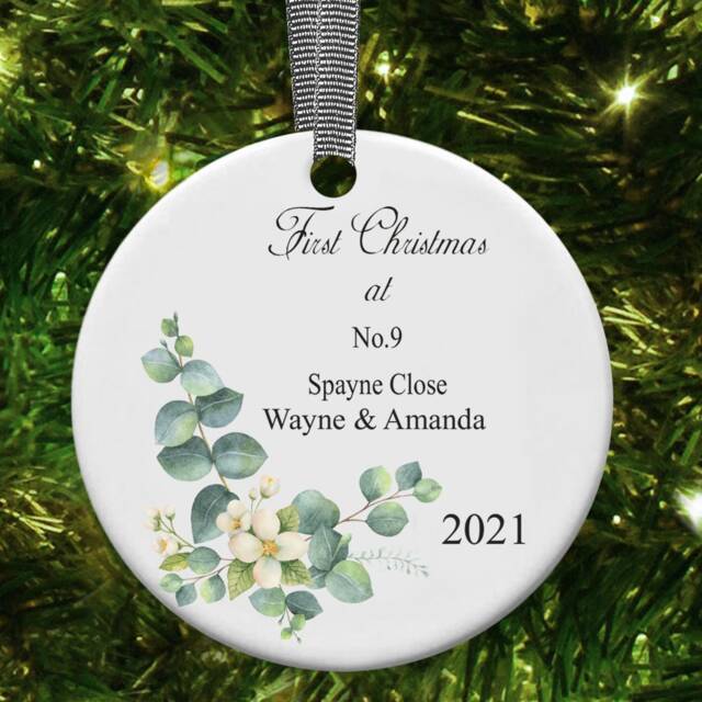 Personalised First Christmas At Address New Home Ceramic Round Decoration Ornament