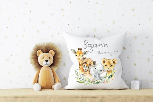 Jungle Animals Nursery Cushion , Safari Personalised Baby Decor Theme Elephant Giraffe Zebra - image 1