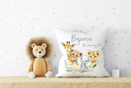 Jungle Animals Nursery Cushion , Safari Personalised Baby Decor Theme Elephant Giraffe Zebra - thumbnail 1