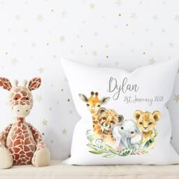 Jungle Animals Nursery Cushion , Safari Personalised Baby Decor Theme Elephant Giraffe Zebra - thumbnail 2