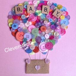 Hot Air Balloon Button Art in White Wood Frame, Nursery Decor - thumbnail 3