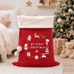 Personalised Velvet Santa Sack - 1st Xmas Wreath My First Christmas Or Merry Baby's Present Gift Wrap - thumbnail 3