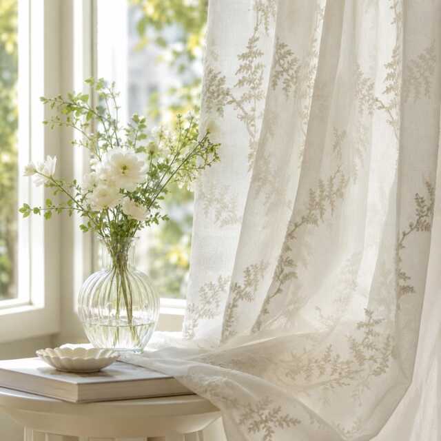 White Botanical Vine Sheer Curtains, Embroidered Linen Look Voile Panel - image 1