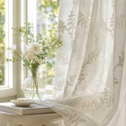 White Botanical Vine Sheer Curtains, Embroidered Linen Look Voile Panel - thumbnail 1