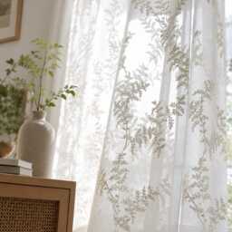 White Botanical Vine Sheer Curtains, Embroidered Linen Look Voile Panel - thumbnail 3