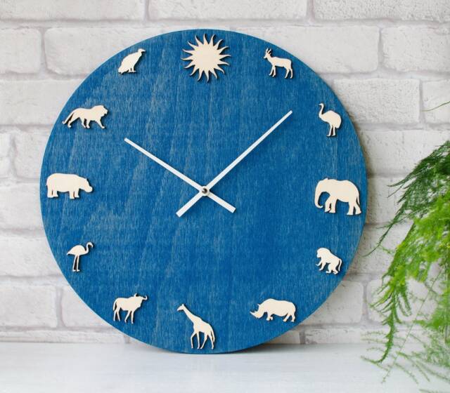 Africa Animal Wall Clock, Safari Wood Giraffe Elephant Lion Hippo Monkey Clock - image 1