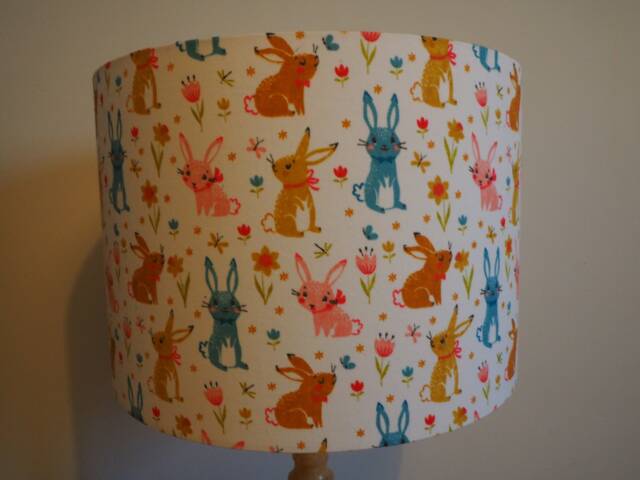 Bunny Rabbit Lampshade Cute Fabric Pink Blue Yellow Handmade Nursery Drum Lamp Shade Ceiling Pendant Or Table Floor Various Sizes - image 1