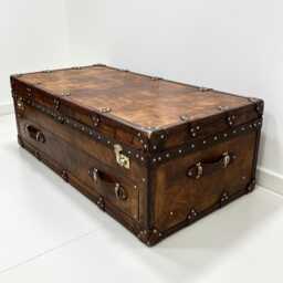 Heirloom Leather Trunk Coffee Table English Artisan Vegetable Tan Storage Chest - thumbnail 1