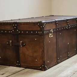 Heirloom Leather Trunk Coffee Table English Artisan Vegetable Tan Storage Chest - thumbnail 3