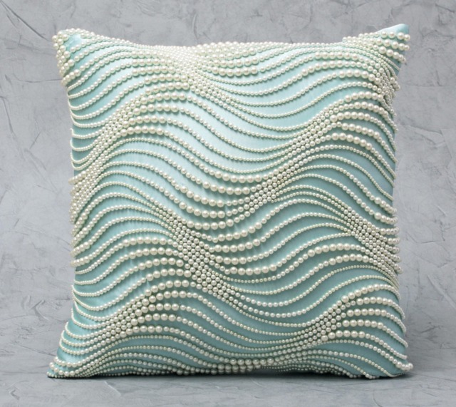 Light Aqua Satin Pillow Cover, Hand Embroidered Pearl Waves - Bmcc289 - image 1