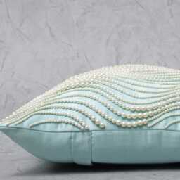 Light Aqua Satin Pillow Cover, Hand Embroidered Pearl Waves - Bmcc289 - thumbnail 2