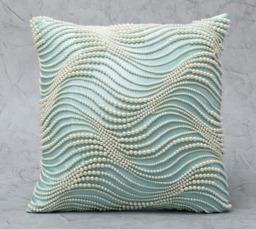 Light Aqua Satin Pillow Cover, Hand Beaded Pearl Wave Embroidery, Luxury Accent Bmcc289