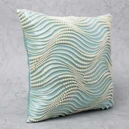 Light Aqua Satin Pillow Cover, Hand Embroidered Pearl Waves - Bmcc289 - thumbnail 4