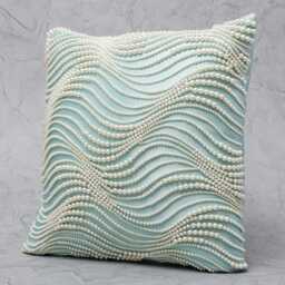 Light Aqua Satin Pillow Cover, Hand Embroidered Pearl Waves - Bmcc289 - thumbnail 3