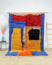 Blue Red Color Block Moroccan Rug, Abstract Geometric Berber Wool Carpet, Modern Primary Art Decor, Custom Large Area Shag - thumbnail 1