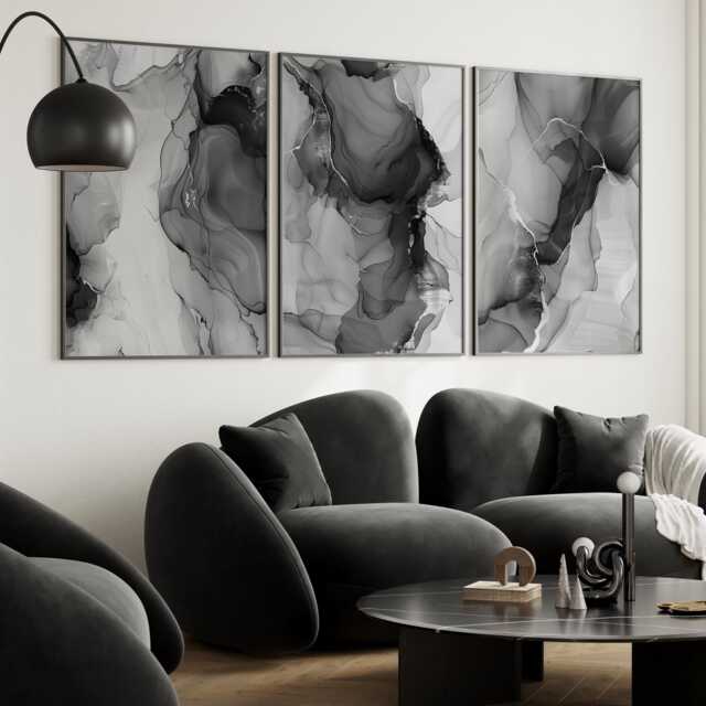 Black & White Bedroom Wall Prints, Marble Set Of 3 Posters, Abstract Art, Home Decor Fluid Art Gallery 2884 - image 1
