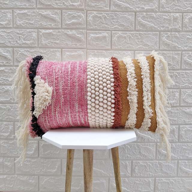 Handmade Pink & Cream Woven Fringe Pillow Boho Lumbar 12x20 Cushion Cover - image 1