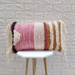 Handmade Pink & Cream Woven Fringe Pillow Boho Lumbar 12x20 Cushion Cover - thumbnail 1