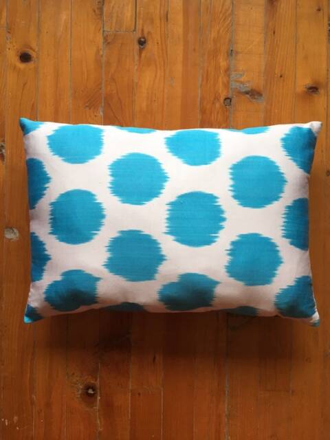 Teal Blue Ikat Pillow Cover Handwoven Uzbek Silk Cushion - image 1