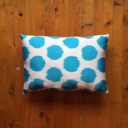 Teal Blue Ikat Pillow Cover Handwoven Uzbek Silk Cushion - thumbnail 2