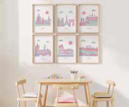Travel Nursery Art Set Of 6 - Baby Girl Room Decor - Pink, Sage Green, Purple - thumbnail 1