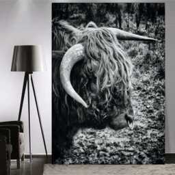 Highland Cow With Nose Ring Black & White Wall Art - Canvas Or Print Poster - thumbnail 3