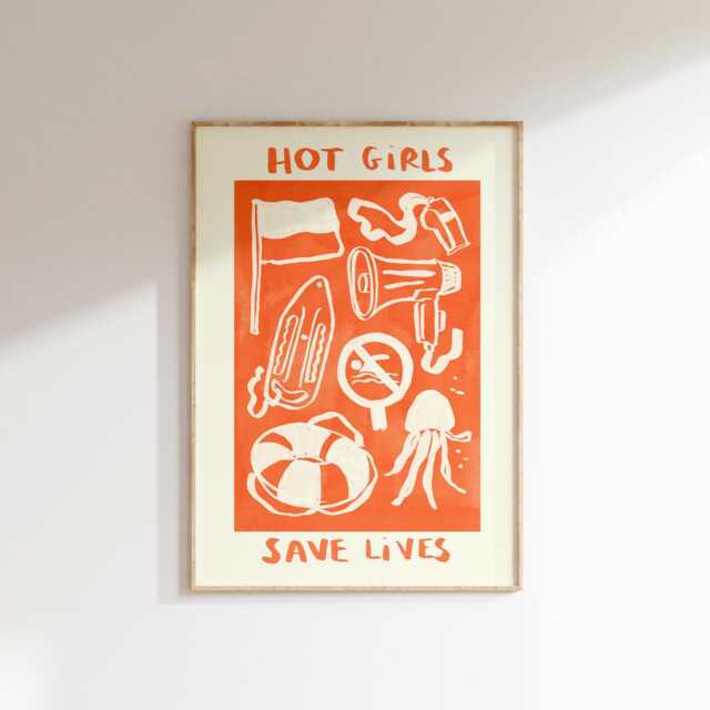 Hot Girls Save Lives Wall Print - Lifeguard - Rnli Illustration Beach Poster Summer Art Lifesaver Gift Idea Gifts For - image 1