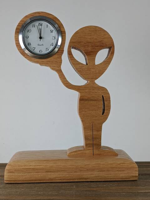 Handmade Solid Oak Alien Desk Clock - Novelty Timepiece - image 1
