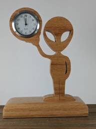 Handmade Solid Oak Alien Desk Clock - Novelty Timepiece - thumbnail 1