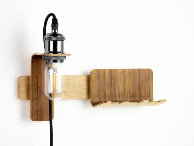 Wooden Wall-Mounted Bedside Table Made in France, Pierrot Modular/Wall Lamp Light - image 1