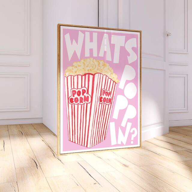 Retro Popcorn Print, Pink Gift For Foodie, Cinema Room Food Kitchen Wall Art, Cute Gallery Prints 2767 - image 1
