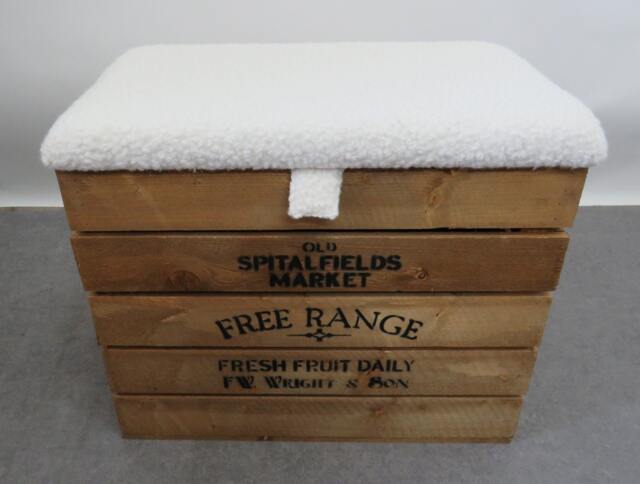 Large Rustic Wooden Storage Crate - Upholstered Boucle Wool Lid Seat - image 1