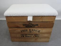 Large Rustic Wooden Storage Crate - Upholstered Boucle Wool Lid Seat