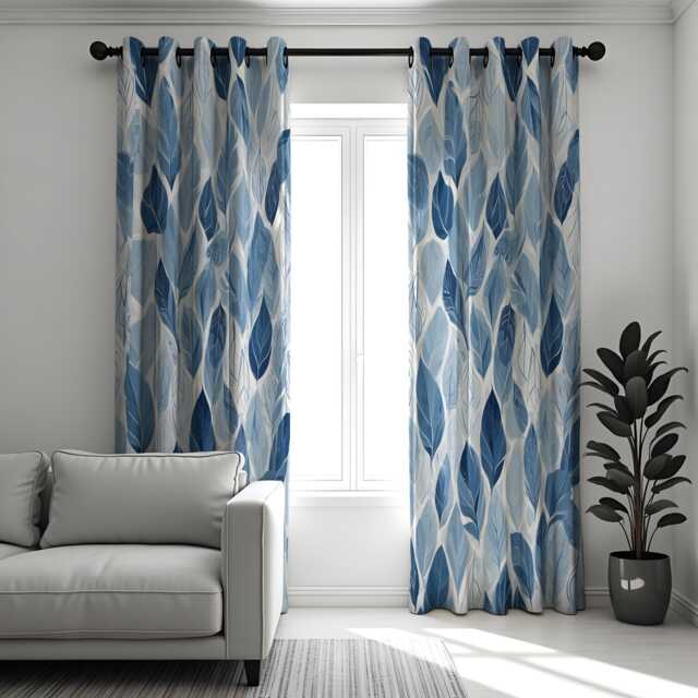 Blue Nature Print Curtains, Leaf Pattern Drapes, Custom Made Window Panels For Living Room, Bedroom, Or Dining Room - image 1