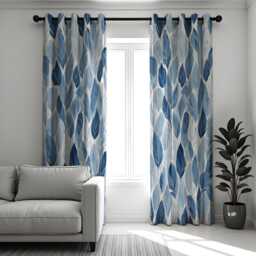 Blue Nature Print Curtains, Leaf Pattern Drapes, Custom Made Window Panels For Living Room, Bedroom, Or Dining Room