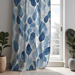 Blue Nature Print Curtains, Leaf Pattern Drapes, Custom Made Window Panels For Living Room, Bedroom, Or Dining Room - thumbnail 4