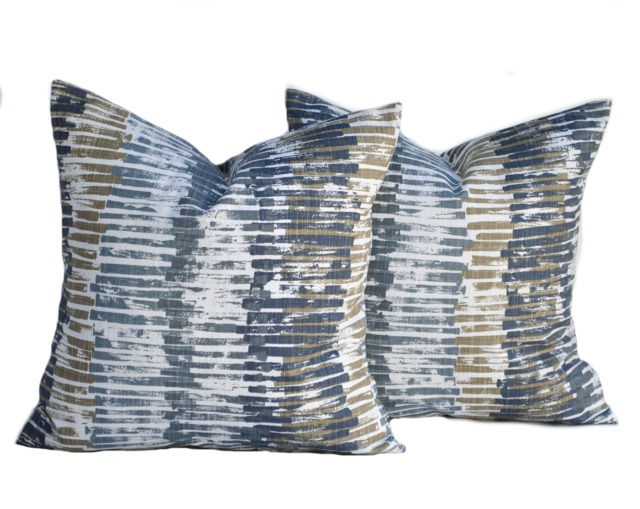 Two Coastal Pillow Covers, Striped Cushion, Decorative Throw Pillow, Slate Tan Grey Accent Geometric - image 1