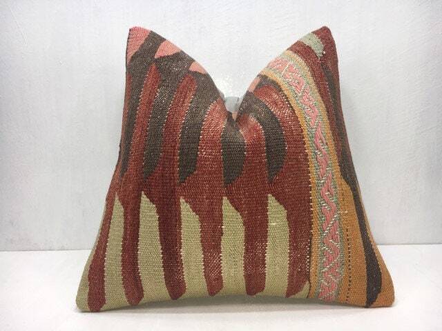 Vintage Turkish Kilim Pillow Cover, Handwoven Bohemian Throw - 16x16 - image 1