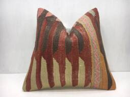 Vintage Turkish Kilim Pillow Cover, Handwoven Bohemian Throw - 16x16 - thumbnail 1