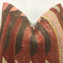 Vintage Turkish Kilim Pillow Cover, Handwoven Bohemian Throw - 16x16 - thumbnail 2