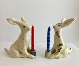 Ceramic Rabbit Candle Holder Handmade Whimsical Cake Topper - thumbnail 1