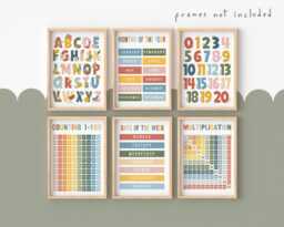 Set Of 6 Educational Prints in Bright Colours, Counting To 100, Multiplication, Alphabet & Numbers, Neutral Playroom Classroom - thumbnail 1