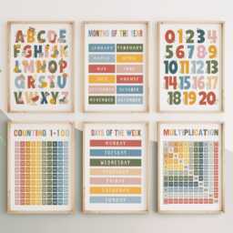 Set Of 6 Educational Prints in Bright Colours, Counting To 100, Multiplication, Alphabet & Numbers, Neutral Playroom Classroom - thumbnail 2