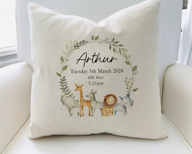 New Baby Gift, Unisex, Gender Neutral, Baby Boy, Baby Girl, Cushion, Name Pillow, Nursery Decor, Safari Theme, Newborn Gift, New Birth, Jungle, Green - image 1