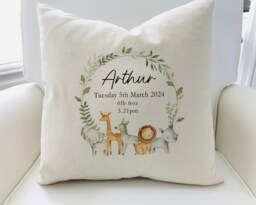 New Baby Gift, Unisex, Gender Neutral, Baby Boy, Baby Girl, Cushion, Name Pillow, Nursery Decor, Safari Theme, Newborn Gift, New Birth, Jungle, Green - thumbnail 1