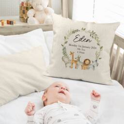 New Baby Gift, Unisex, Gender Neutral, Baby Boy, Baby Girl, Cushion, Name Pillow, Nursery Decor, Safari Theme, Newborn Gift, New Birth, Jungle, Green - thumbnail 3